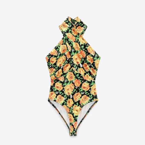 NWOT Zara multicolour floral print crossover, twist halter plunge neck bodysuit - Picture 6 of 10